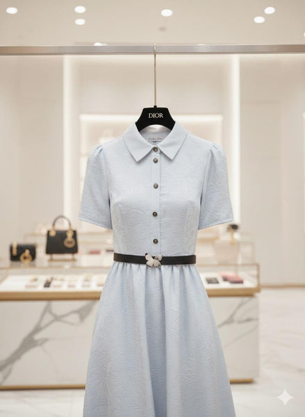 Premium Collared Short Sleeve Fit & Flare Midi Dress with Waist Belt