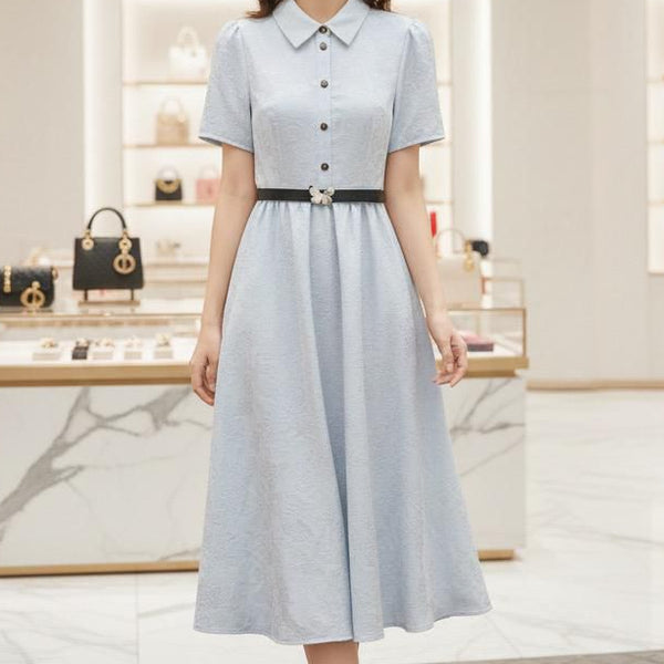 Premium Collared Short Sleeve Fit & Flare Midi Dress with Waist Belt