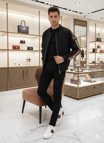 Black Bomber Jacket with Stylish Stripe Sleeves – Modern Casual Wear