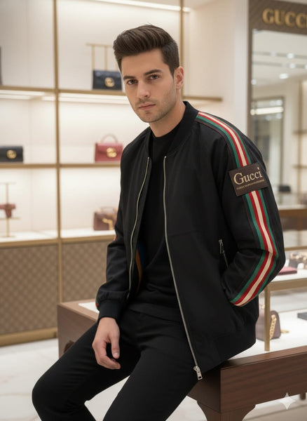 Black Bomber Jacket with Stylish Stripe Sleeves – Modern Casual Wear