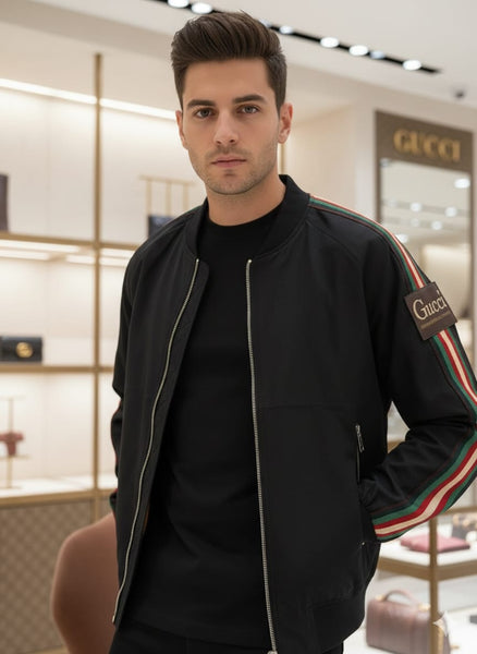 Black Bomber Jacket with Stylish Stripe Sleeves – Modern Casual Wear