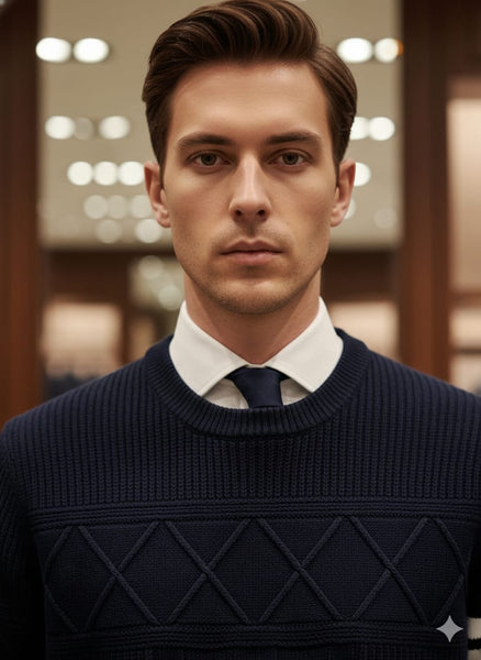 Premium Navy Blue Textured Knit Sweater  Classic & Stylish