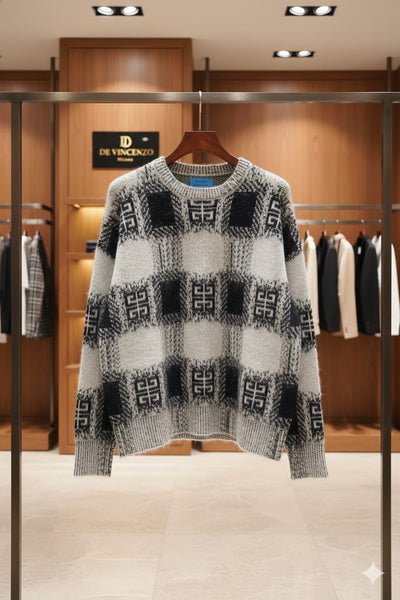 Grey & Black Checkered Knit Sweater  Cozy Winter Style