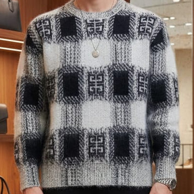 Grey & Black Checkered Knit Sweater  Cozy Winter Style