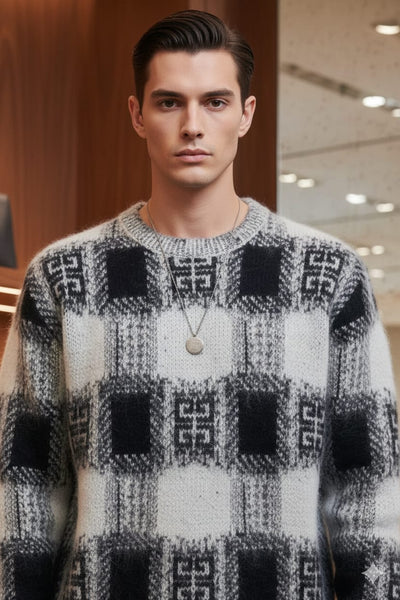 Grey & Black Checkered Knit Sweater  Cozy Winter Style