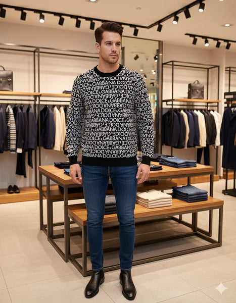 All-Over Text Print Knit Sweater – Bold & Trendy Look