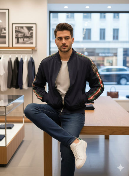 Bomber Jacket with Stylish Stripe Sleeves – Modern Casual Wear (Copy)