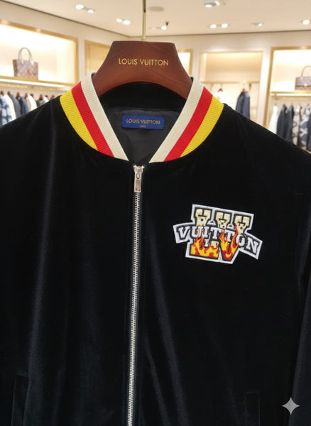 Velvet Jacket with Striped Trim and Logo Patch