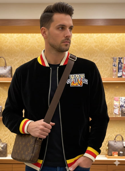 Velvet Jacket with Striped Trim and Logo Patch