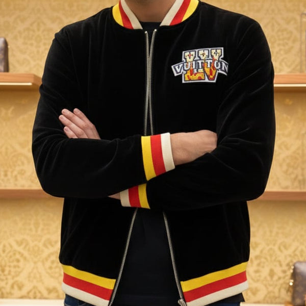 Velvet Jacket with Striped Trim and Logo Patch