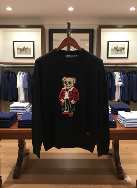 Black Crew Neck Sweater with Cute Bear Design