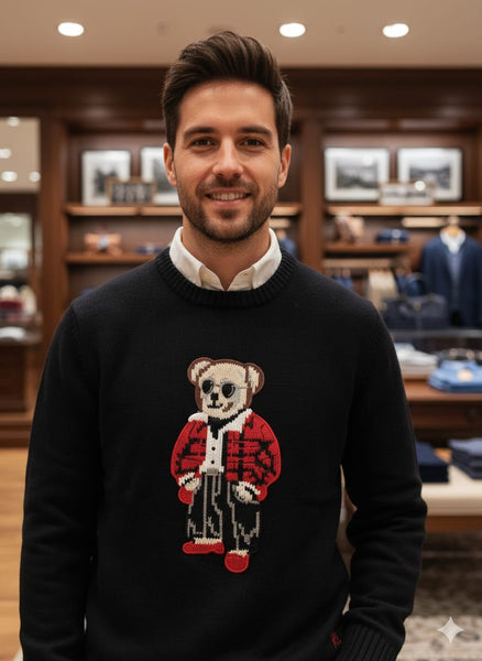 Black Crew Neck Sweater with Cute Bear Design