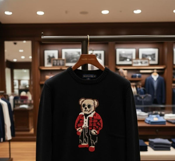 Black Crew Neck Sweater with Cute Bear Design