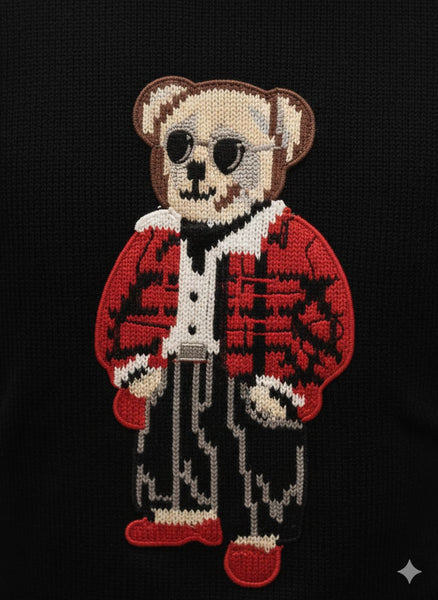 Black Crew Neck Sweater with Cute Bear Design