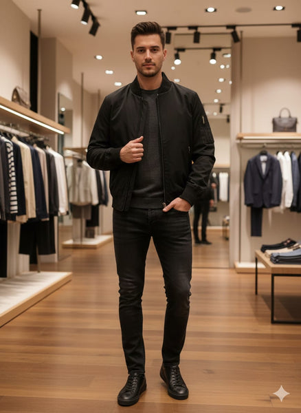 Classic Black Zip-Up Bomber Jacket Clean & Modern Style