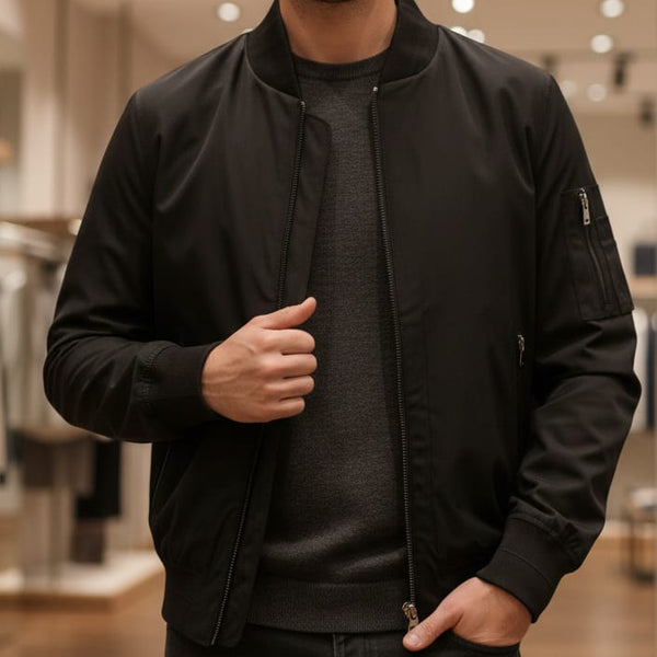 Classic Black Zip-Up Bomber Jacket Clean & Modern Style