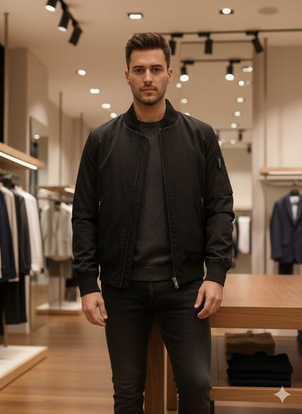 Classic Black Zip-Up Bomber Jacket Clean & Modern Style