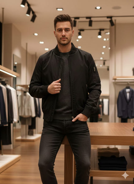 Classic Black Zip-Up Bomber Jacket Clean & Modern Style