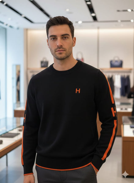Premium Black Crew Neck Pullover with Orange Stripe Detail