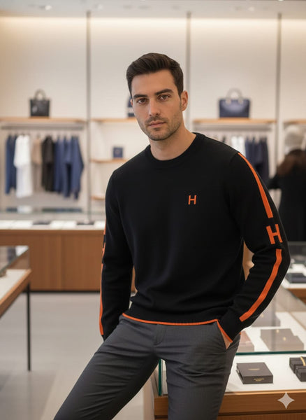 Premium Black Crew Neck Pullover with Orange Stripe Detail