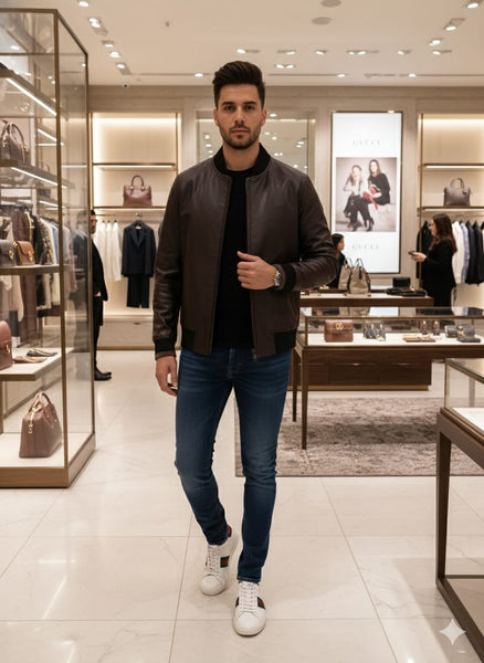 Elegant Classic Brown Leather Bomber Jacket