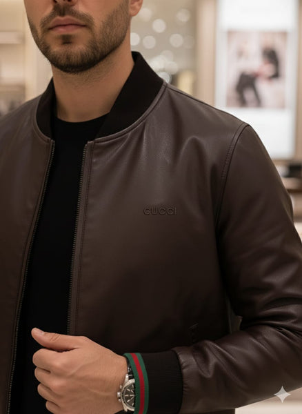 Elegant Classic Brown Leather Bomber Jacket