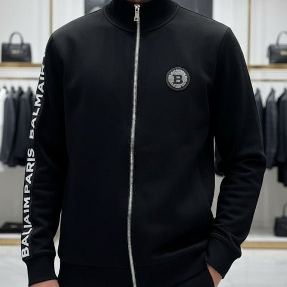 Men Black Zipper Sweatshirt with Text Sleeve Detail