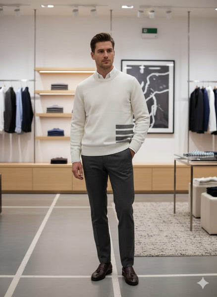 Luxury  Diagonal Stripe Merino Round Wool Knit Pullover