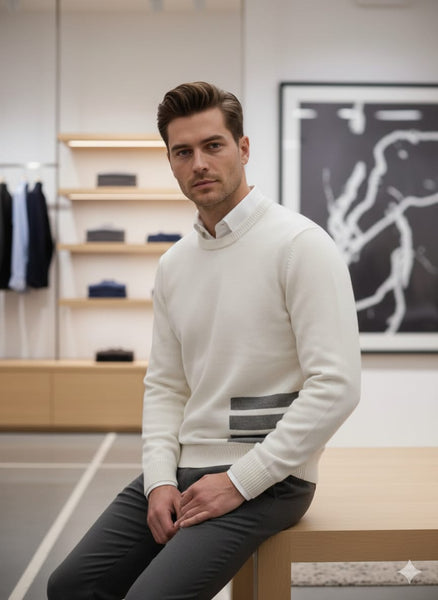 Luxury  Diagonal Stripe Merino Round Wool Knit Pullover