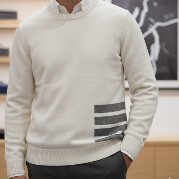 Luxury  Diagonal Stripe Merino Round Wool Knit Pullover