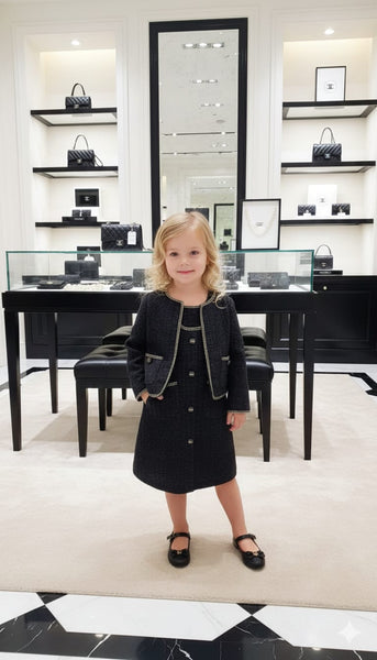 Classic Black Tweed Co-Ord Set – Cropped Jacket & Buttoned Dress For Kids