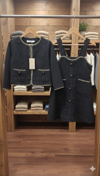 Classic Black Tweed Co-Ord Set – Cropped Jacket & Buttoned Dress For Kids