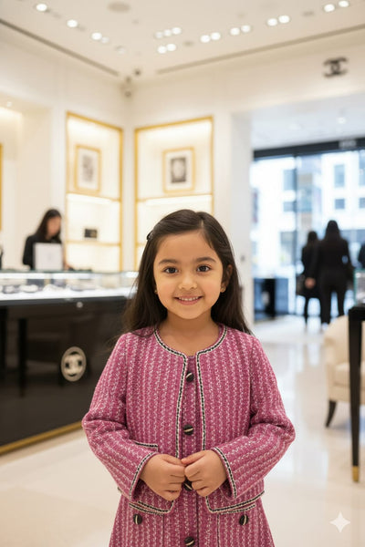 Elegant Pink Tweed Co-Ord Set Cropped Jacket & Sleeveless Dress For Kidss