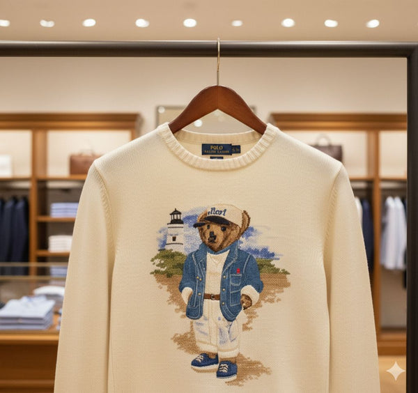 Classic Cream Knit Sweater with Teddy Bear Print