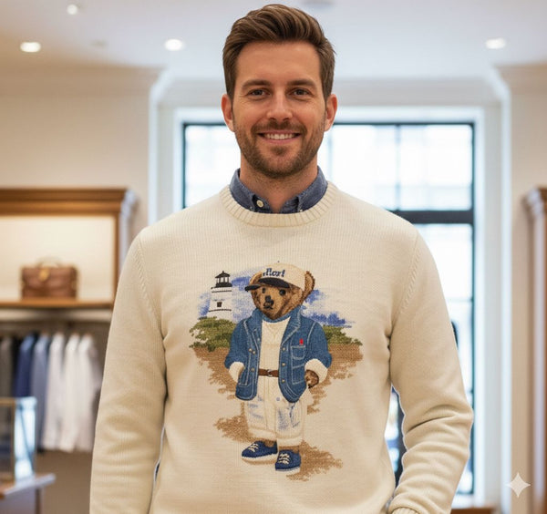 Classic Cream Knit Sweater with Teddy Bear Print