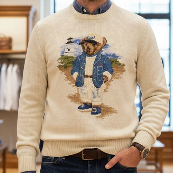Classic Cream Knit Sweater with Teddy Bear Print