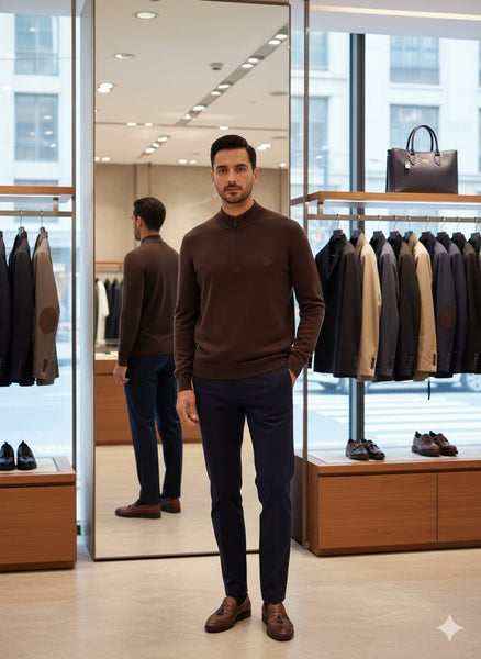 Premium Brand Brown y Half-Zip Knit Pullover