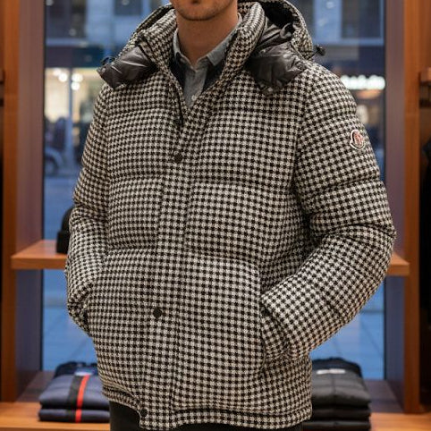 Premium Houndstooth Puffer Jacket with Hood –