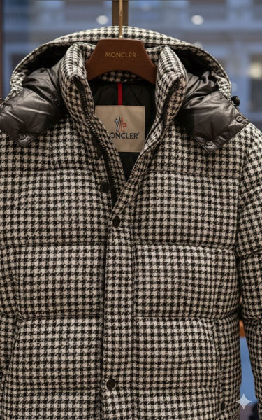 Premium Houndstooth Puffer Jacket with Hood –
