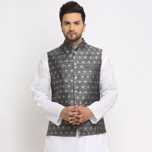 New Designer Men Dark Grey and Golden Brocade Nehru Jacket With Golden Work By Treemoda