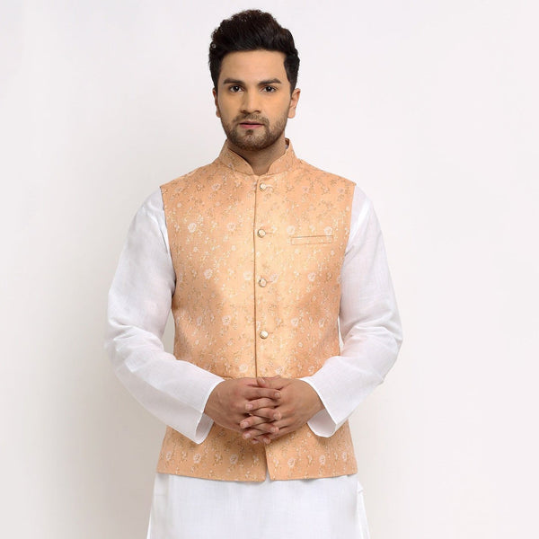 New Designer Men Peach Brocade Nehru Jacket With Golden Work By Treemoda