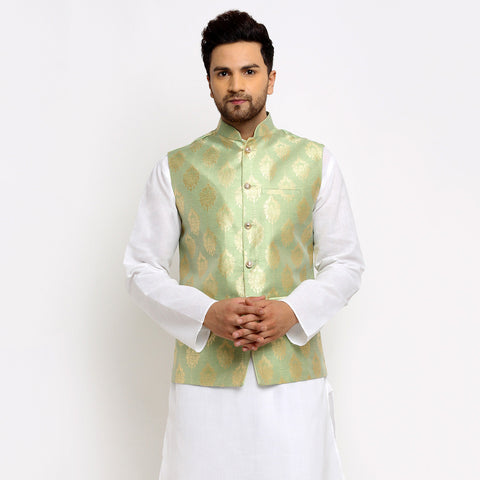 New Designer Men Tea  Green Brocade Nehru Jacket With Golden Work By Treemoda