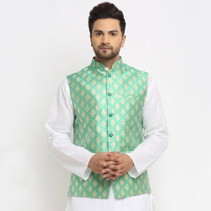 New Designer Men Aqua Green Brocade Nehru Jacket With Golden Work By Treemoda