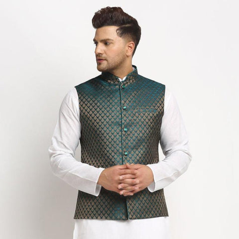 New Designer Men Dark Green Brocade Nehru Jacket With Golden Work By Treemoda