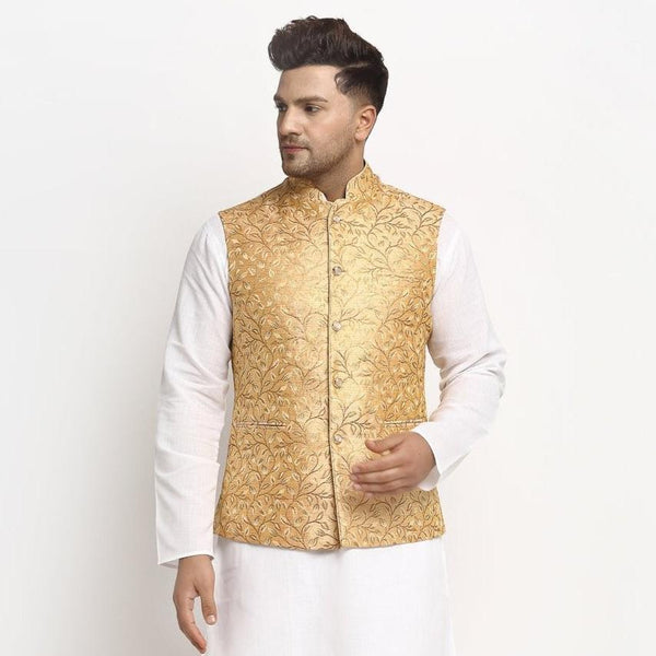 New Designer Men Rose Gold Brocade Nehru Jacket With Golden Work By Treemoda