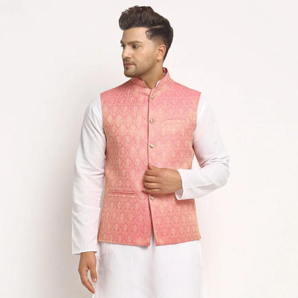 New Designer Men Pink Brocade Nehru Jacket With Golden Work By Treemoda