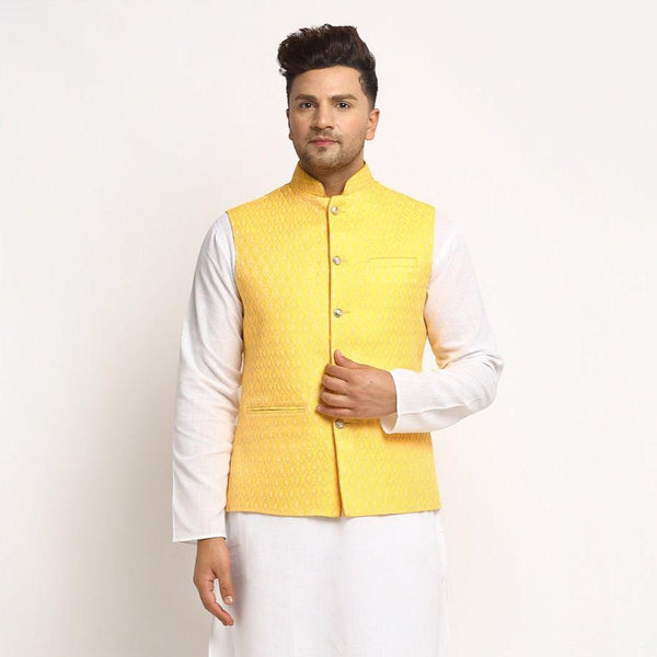 New Designer Men Yellow Brocade Nehru Jacket With Golden Work By Treemoda