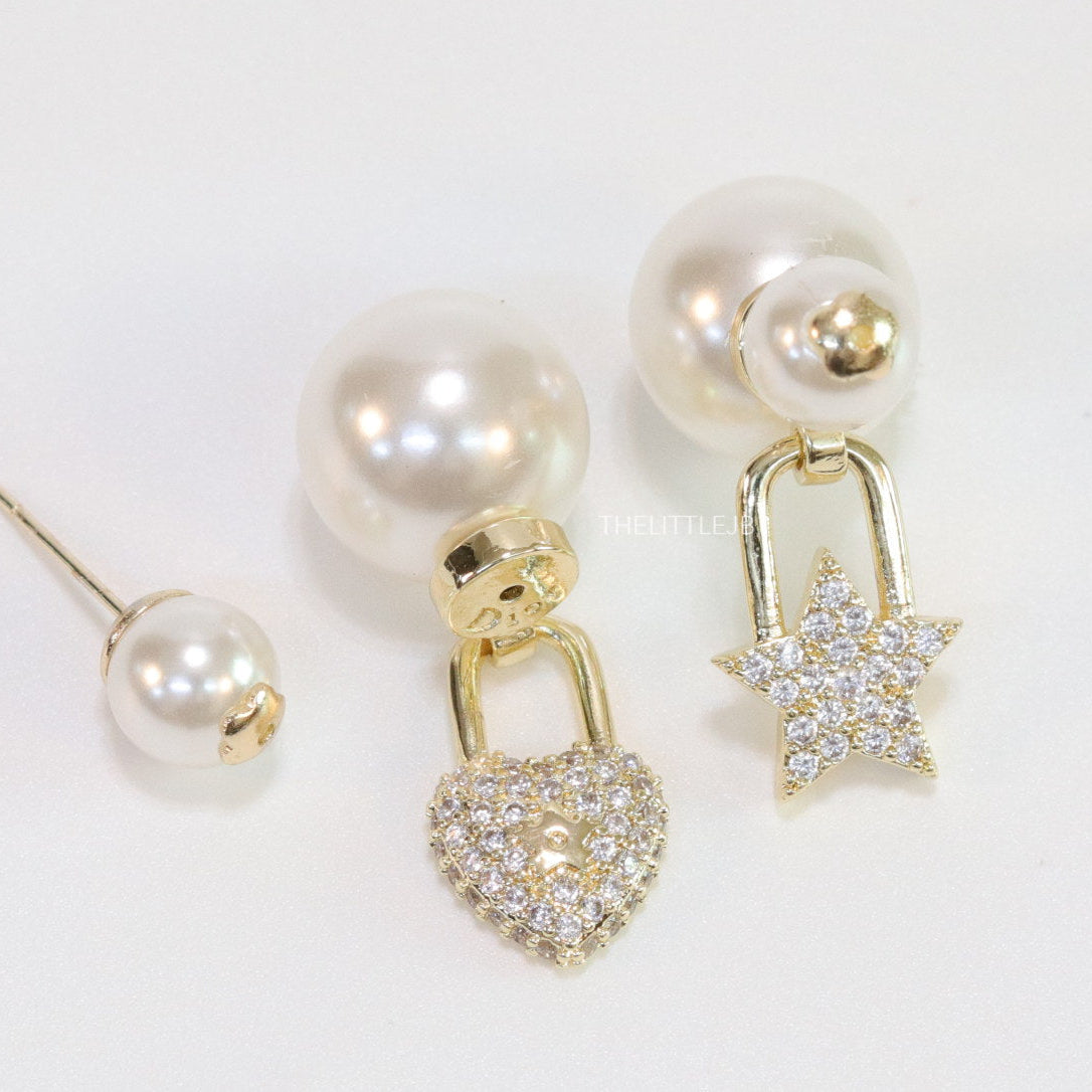 Gold Plated Heart and Star Earrings With Detachable Pearl Tops