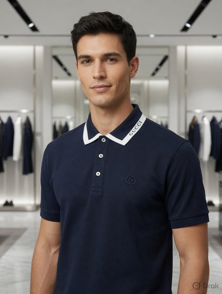 "Branded i men's navy blue short-sleeve piqué polo shirt with white contrast collar stripe T-shirt , Brand text on collar, tonal GG chest logo and metallic placket buttons, displayed on hanger in luxury boutique"
