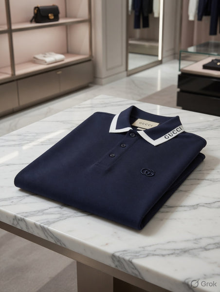 "Branded i men's navy blue short-sleeve piqué polo shirt with white contrast collar stripe T-shirt , Brand text on collar, tonal GG chest logo and metallic placket buttons, displayed on hanger in luxury boutique"